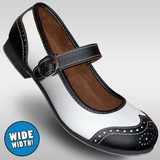 Womens black and white wide width mary jane style shoes that are feather light and have an adjustable buckle to be used for lindy hop west coast swing ballroom and more dance styles