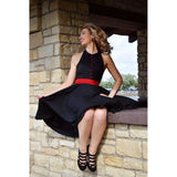 Blonde girl black vintage dress Aris Allen 3 buckle heels