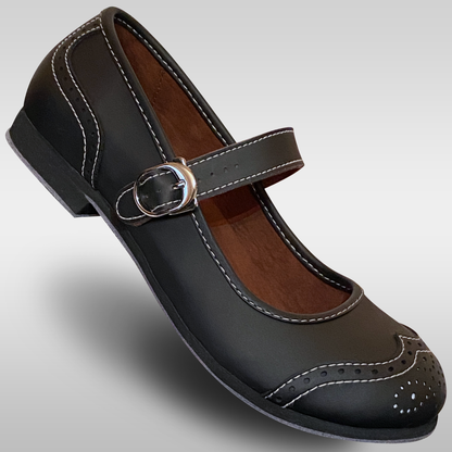 Womens black mary jane style flat shoes that are feather light and have an adjustable buckle to be used for lindy hop west coast swing ballroom and more dance styles