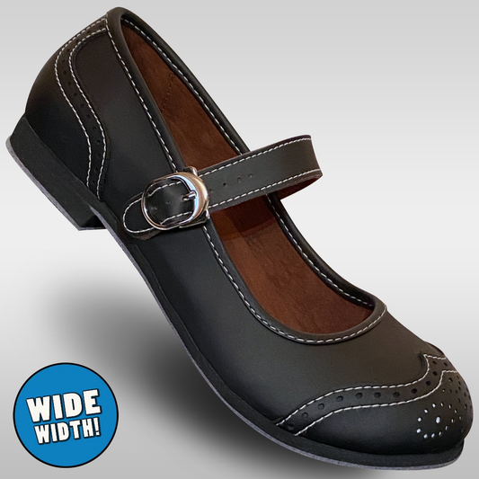 Womens black wide width mary jane style flat shoes that are feather light and have an adjustable buckle to be used for lindy hop west coast swing ballroom and more dance styles