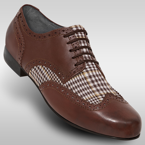 Aris Allen Men's Cognac Leather & Plaid Linen Wingtip Dance Shoe *Cosmetic Defect* Limited Sizes