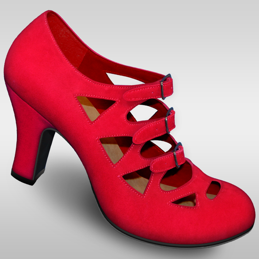 Womens red criss cross buckle pump with suede soles and a 3 inch heel for lindy hop and burlesque dancing 