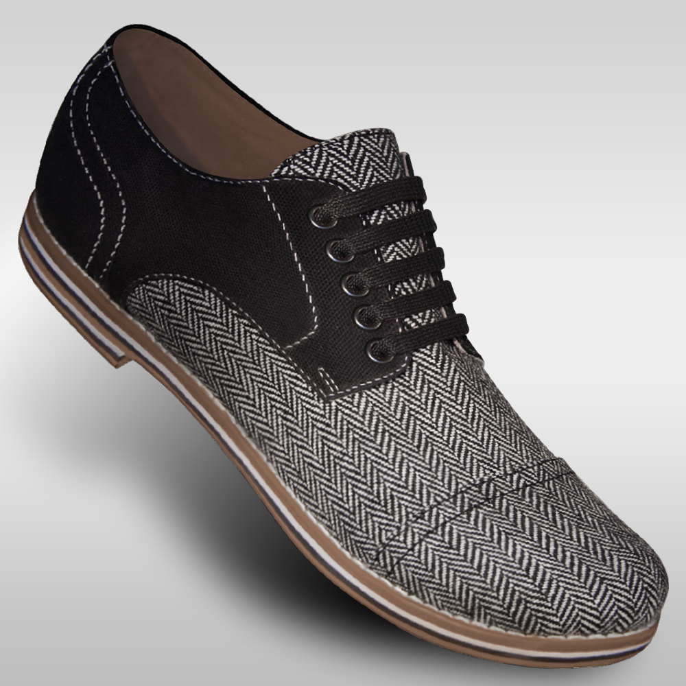 Mens black and herringbone canvas wingtips with a suede sole made for swing dancing lindy hop and charleston