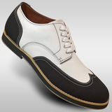 Mens black and white casual or formal canvas wingtips with a suede sole made for swing dancing lindy hop and ballroom