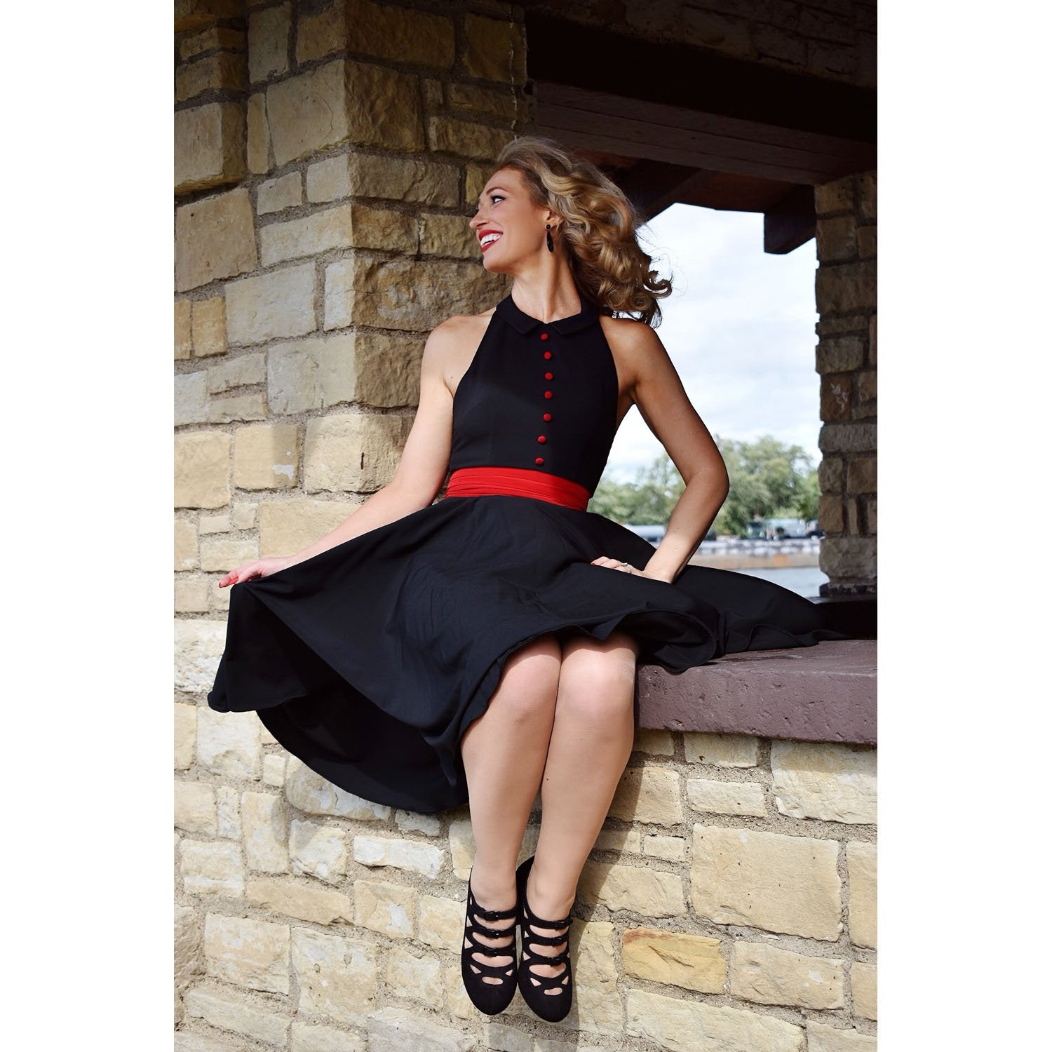 Blonde girl black vintage dress Aris Allen 3 buckle heels